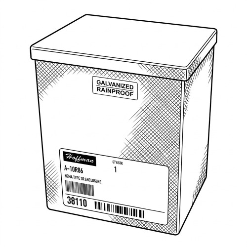 Line art illustration: Hoffman A-10R86 NEMA 3R enclosure, galvanized and rainproof, with product labels