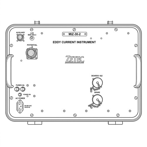 Line art illustration: Zetec MIZ-30-2 Eddy Current Instrument with auxiliary, LAN, potential ports, fuses, and AC power