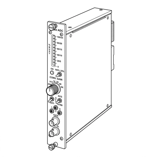 Line art illustration: Canberra ND583 ADC NIM module with busy meter, gain knob, multiple switches, and BNC connectors