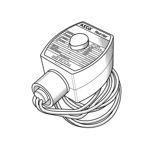 Line art illustration: ASCO Red-Hat solenoid coil, featuring an electrical connector and bundled wires