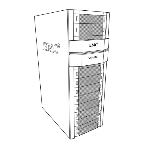 Line art illustration: EMC VNX NAS storage rack with multiple drive shelves and EMC² and VNX branding