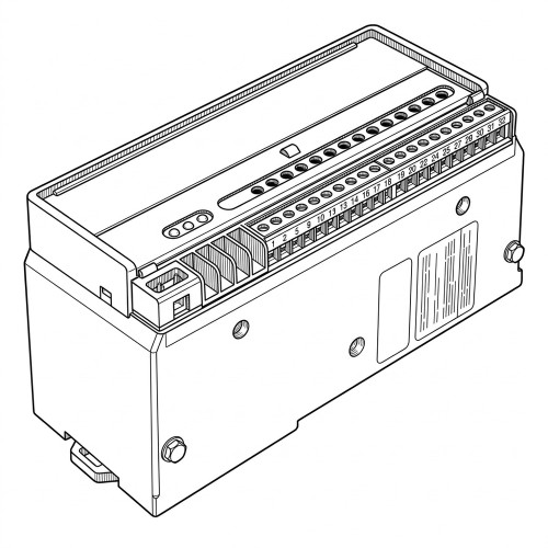 Line art illustration: GE Fanuc I/O module with top indicators, front terminal blocks (1-32), and side mounting screws
