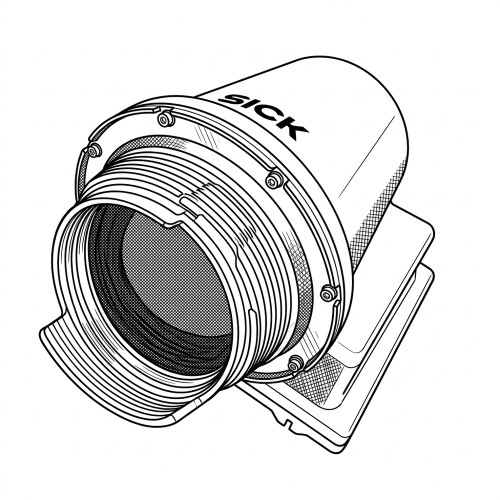 Line art illustration: SICK LiDAR scanner: cylindrical body, 'SICK' logo, threaded sensor opening, and mounting base