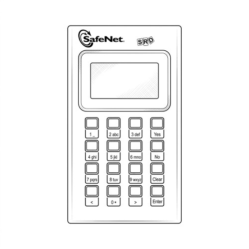 Line art illustration: SafeNet keypad device with a screen, numeric buttons, Yes/No, Clear, and Enter keys