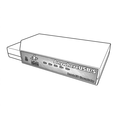 Line art illustration: A rectangular AnywhereUSB/5 hub with five numbered indicators and 'Remote I/O Concentrator' text