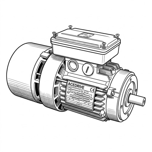 Line art illustration: M.G.M. Electric motor, with top terminal box, cooling fins, and protruding drive shaft