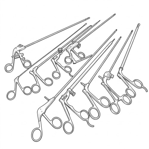 Line art illustration: Ten laparoscopic and endoscopic surgical instruments with long shafts and ring handles