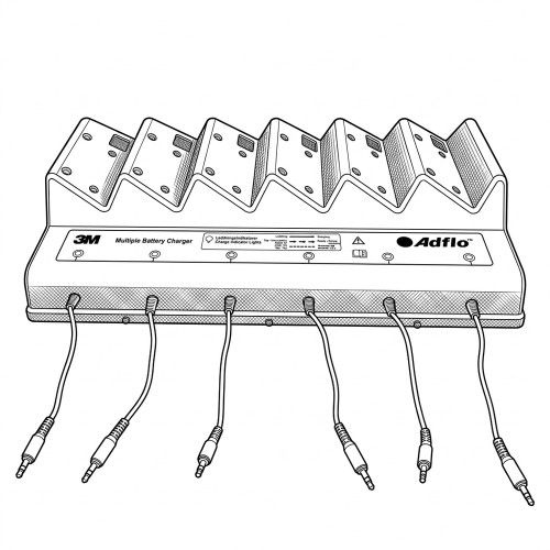 Line art illustration: 3M Adflo six-bay battery charger with multiple charging cables and indicator lights