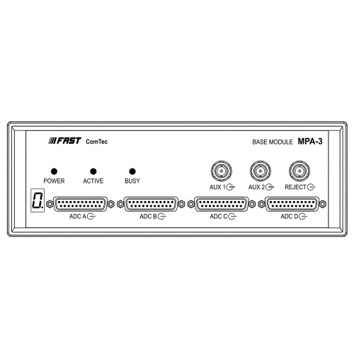Line art illustration: Fast ComTec MPA-3 module: power LEDs, display, four ADC D-sub ports, three BNC connectors