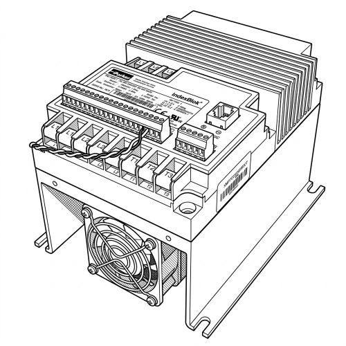 Line art illustration: Parker IndexBlok drive: heatsink, multiple wire terminals, RJ45 port, and cooling fan