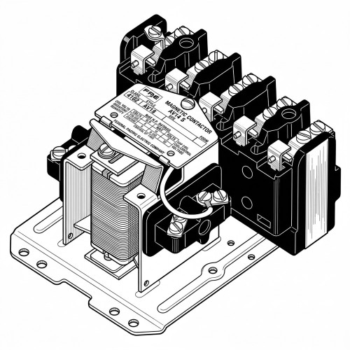 Line art illustration: Federal Pacific magnetic starter: visible electromagnet coil, electrical terminals, and nameplate