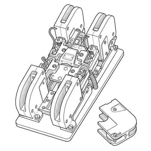 Line art illustration: Westinghouse MM422 DC Contactor, showing its complex mechanism with wiring and a detached arc chute