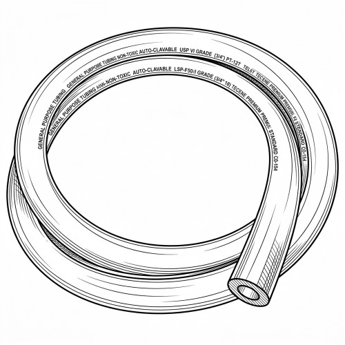 Line art illustration of a coil of tubing with printed text along its wall