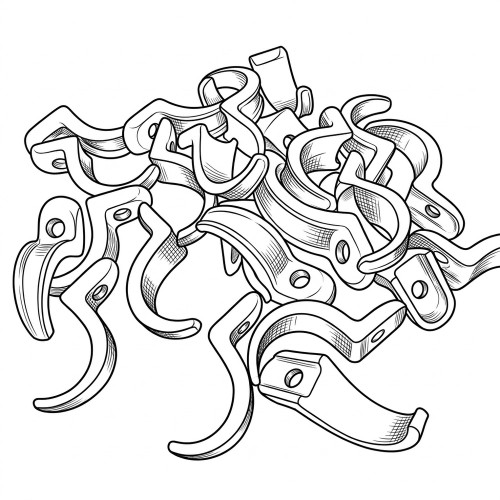 Line art illustration: A pile of C-shaped metal clamps, each with a single hole for mounting