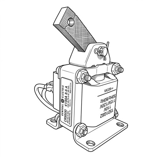 Line art illustration: General Electric pull solenoid with rectangular body, mounted base, and angled textured plunger