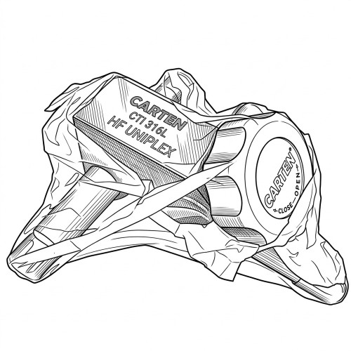 Line art illustration: Carten HF Uniplex valve, CTI 316L, in plastic, showing body and 'open/close' handle