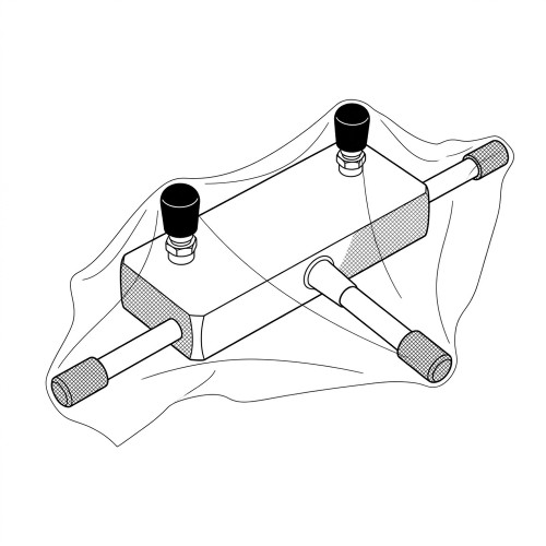 Line art illustration: Duplex valve with two control knobs, four side rods with knurled ends, covered by a translucent film