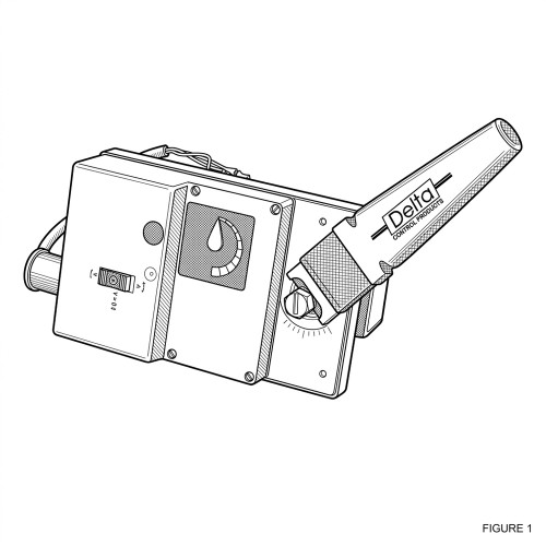 Line art illustration: Delta valve actuator with control box, toggle switch, flow dial, and cylindrical extension