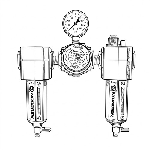 Line art illustration: Norgren FRL assembly: central regulator, pressure gauge, plus filter and lubricator units