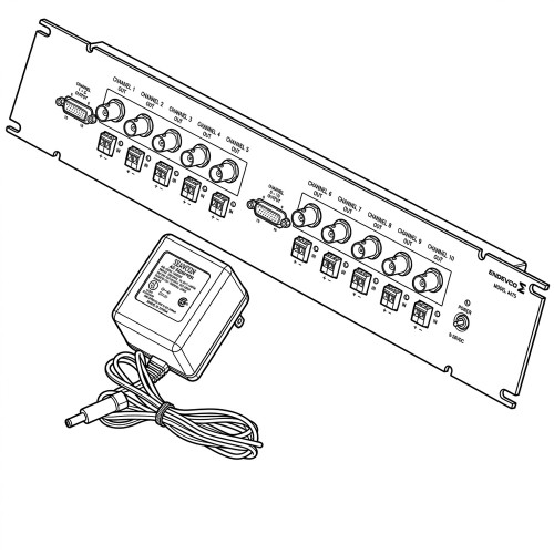 Line art illustration: Endevco 4475 10-channel rack with BNC outputs, screw-terminal inputs, D-sub ports, and a power adapter