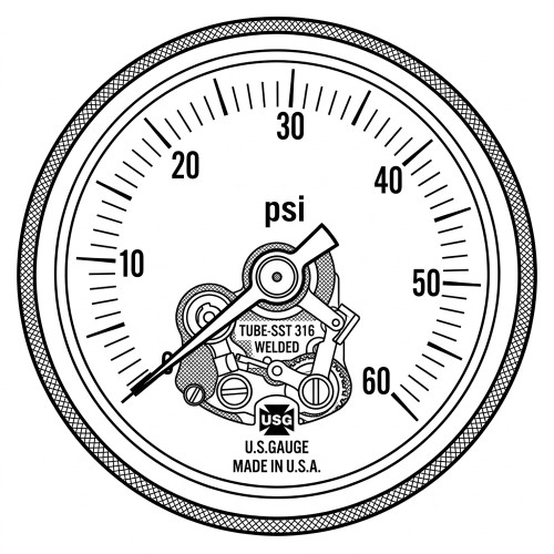 Line art illustration: Pressure gauge with 0-60 PSI dial, needle at 5, visible mechanism, and U.S. Gauge branding
