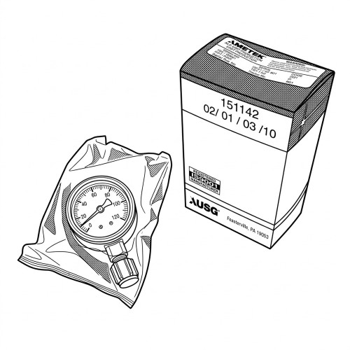 Line art illustration: Ametek indicating pressure gauge (0-120 dial) in bag, next to its branded product box