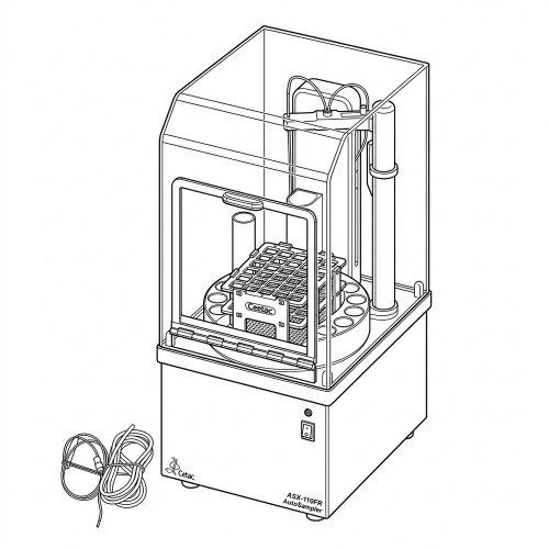 Line art illustration: Cetac ASX-110FR autosampler: clear cover, robotic arm, rotating tray with multiple sample vials