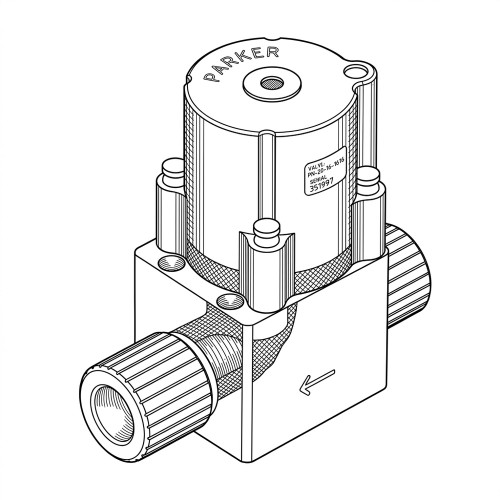 Line art illustration: Parker valve with cylindrical actuator, block body, two threaded side ports, and flow arrow