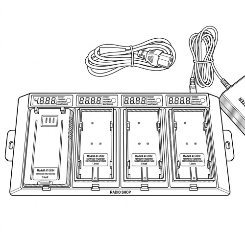 Line art illustration: Four-bay battery charger conditioner analyzer with digital displays, status indicators, and power cables