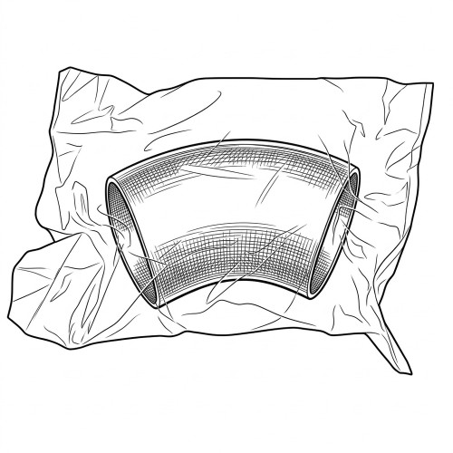Line art illustration: A 45-degree stainless steel elbow fitting wrapped in clear plastic packaging