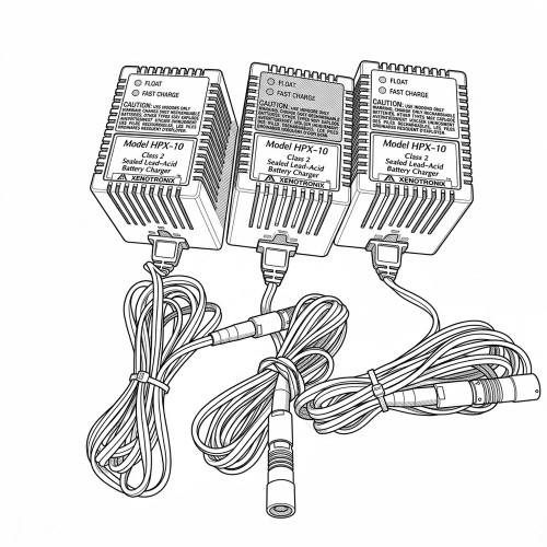 Line art illustration: Three Xenotronix HPX-10 Sealed Lead-Acid Battery Chargers with coiled cables