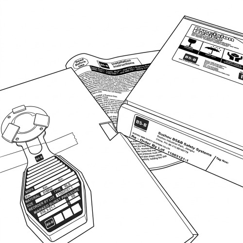 Line art illustration: A BS&B rupture disk with an attached product tag and opened instruction packaging