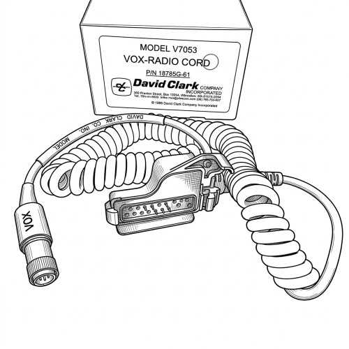 Line art illustration: David Clark V7053 Vox-Radio adapter cord with coiled cable, multi-pin, and VOX connectors