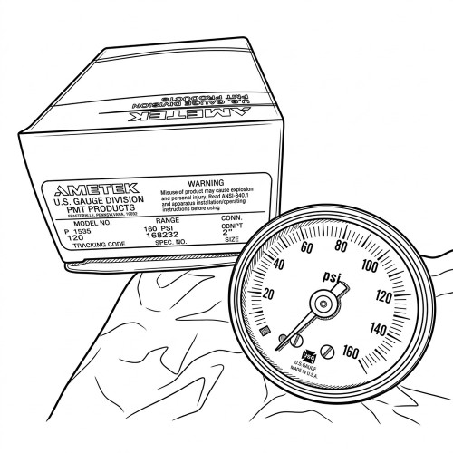 Line art illustration: Ametek P 1535 160 psi pressure gauge with 2-inch face and its product box