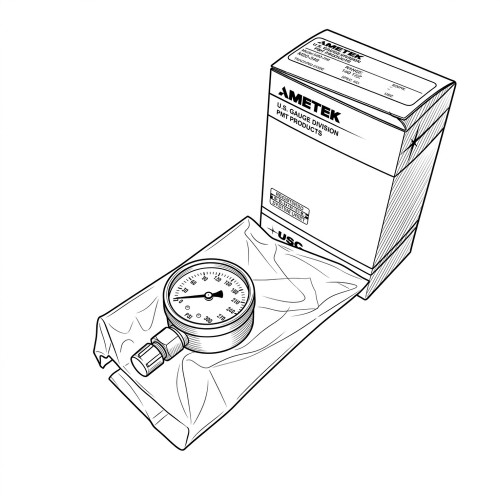 Line art illustration: Ametek pressure gauge with 0-300 PSI face and connector, partially out of its labeled box and wrapping