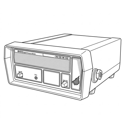 Line art illustration: Heise Digital Pressure Indicator with display, On/Off, Zero, Unit Sel buttons, and pressure port