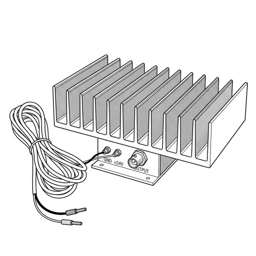 Line art illustration: Mini-Circuits amplifier with heat sink, power cable (GND, +24V), and RF output connector