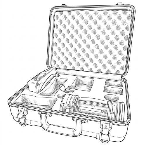 Line art illustration: Open case containing Gilian Gilibrator primary flow calibrator, handheld unit, bubble generator, and key