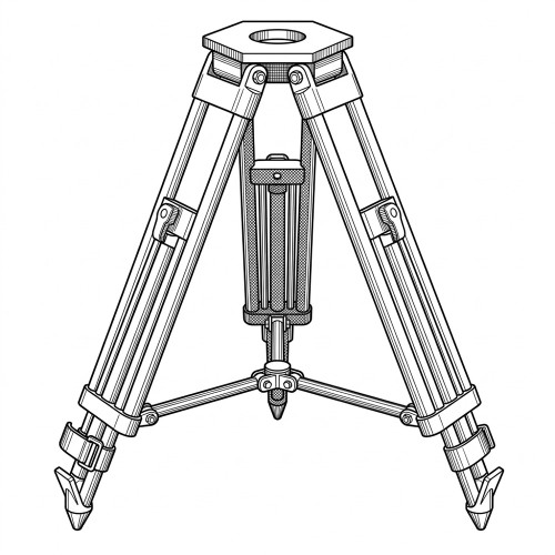 Line art illustration: Hexagonal tripod with three adjustable legs, central column, leg clamps, and spiked feet