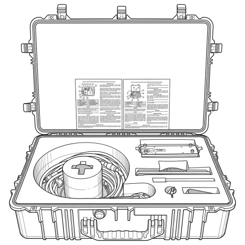 Line art illustration: Open test set case containing a central cylindrical device, coiled cables, and accessories