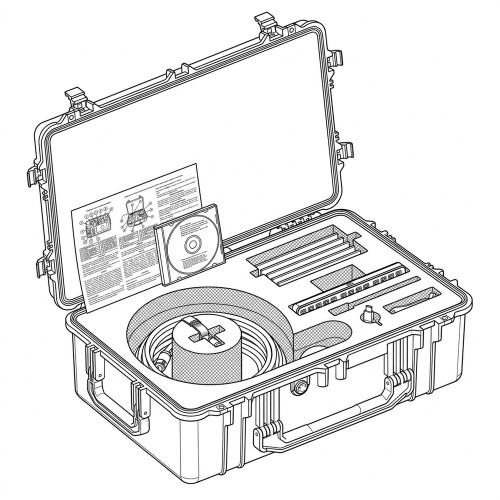 Line art illustration: Open accessory kit with manual, CD, coiled cable, and various tools inside a protective case