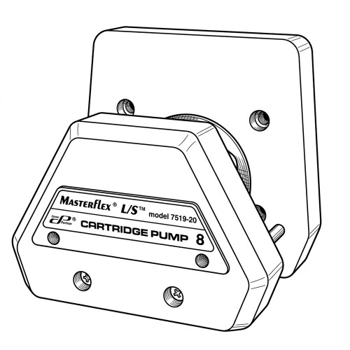 Line art illustration: Masterflex L/S 7519-20 cartridge pump head, with prominent label, screws, and mounting plate