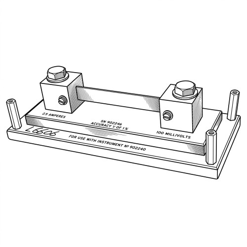 Line art illustration: 2.5 Amp, 100 Millivolt current shunt with a metal bar connecting two main terminals