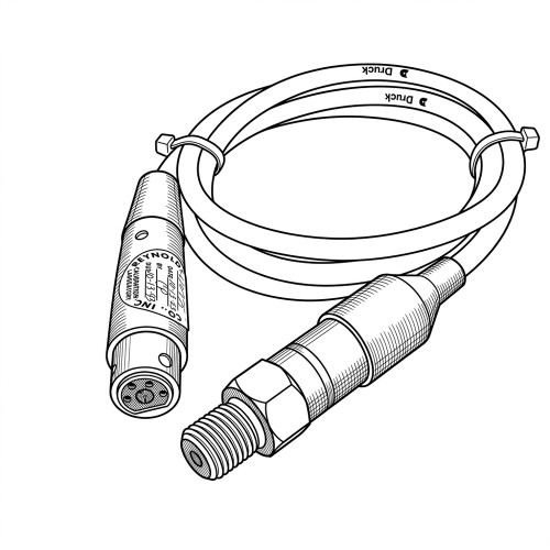 Line art illustration: Druck PDCR 810 transducer with a threaded sensor, coiled cable, and multi-pin connector