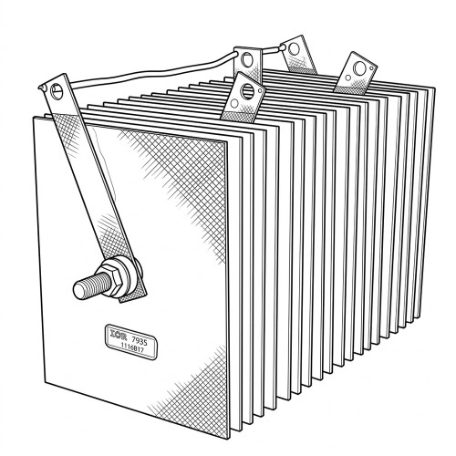 Line art illustration: IOR 7935 rectifier with stacked fins, a mounting bolt, and wire-connected top terminals