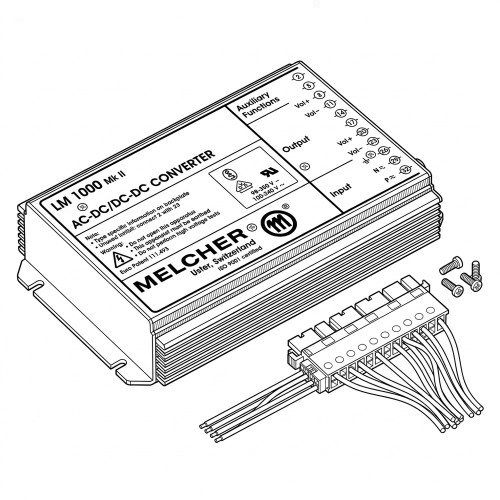 Line art illustration: Melcher LM 1000 Mk II AC-DC/DC-DC converter with labeled terminals and connected wiring harness