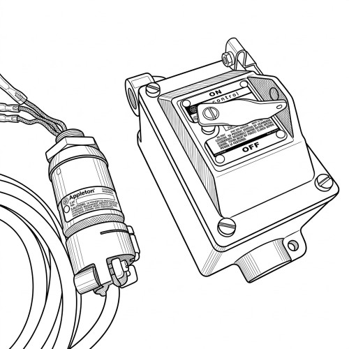 Line art illustration: Crouse-Hinds electrical control enclosure with ON/OFF switch, connected to an Appleton sensor via cables