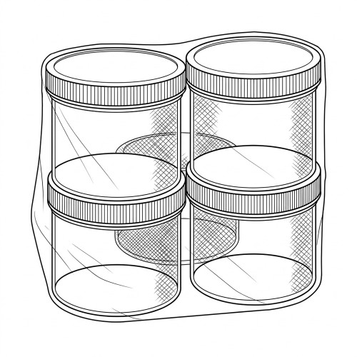 Line art illustration: Four clear straight-sided jars with ribbed screw-on lids, bundled in transparent packaging