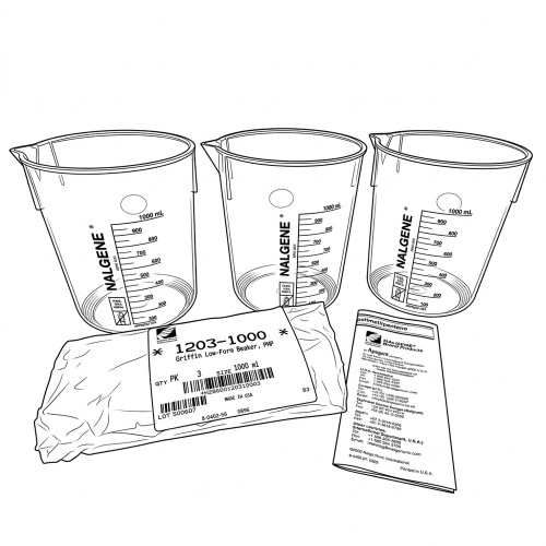 Line art illustration: Three Nalgene PMP 1000 mL Griffin beakers, item 1203-1000, in package with label