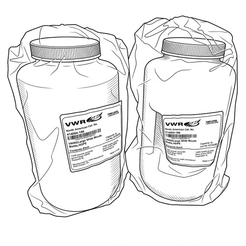 Line art illustration: Two VWR 4L wide-mouth HDPE bottles in bags with visible product labels
